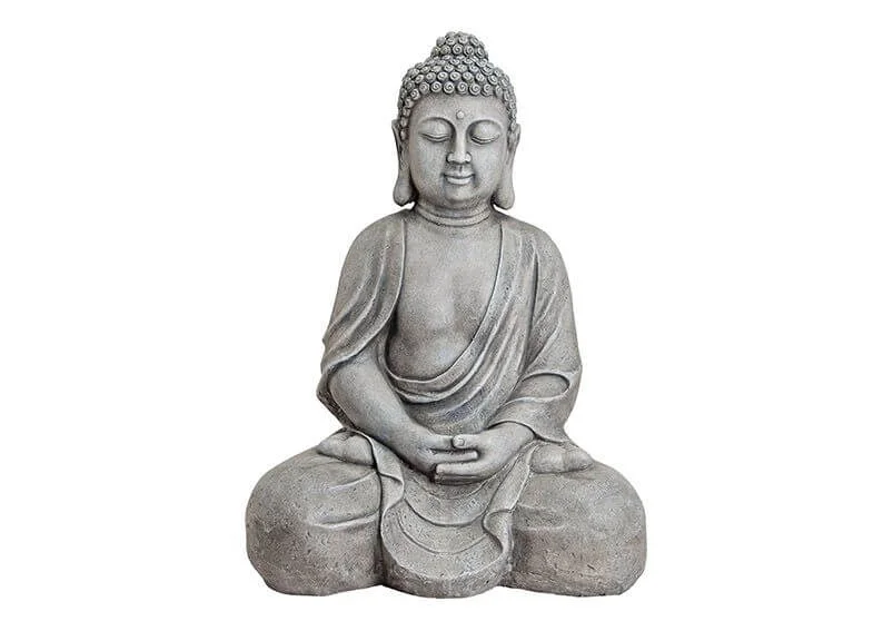 Buddha in grauer Steinoptik aus Polyresin im Format B49 x T34 x H71 cm