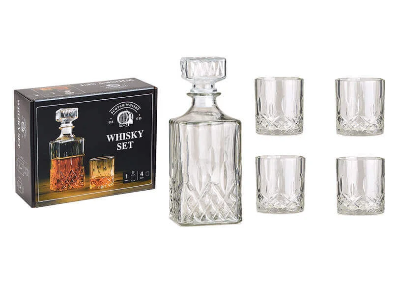 Whisky Karaffe (0,90 Liter) mit 4 Gläsern (0,285 Liter) aus Glas 