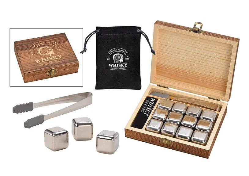 Whisky Eiswürfel aus Edelstahl (12 Stück) inkl. Zange, Beutel und Holzbox