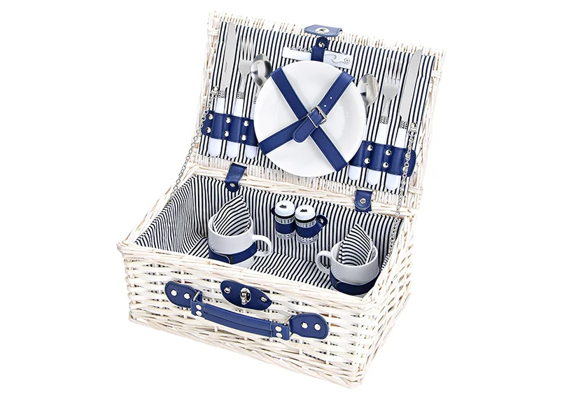 Picknickkorb für 2 Personen aus Weide  - 16-teilig - Weiß / Blau