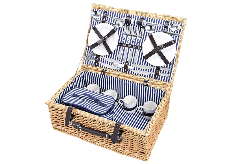 Picknickkorb für 4 Personen aus Weide  - 25-teilig - Braun / Blau / Weiß
