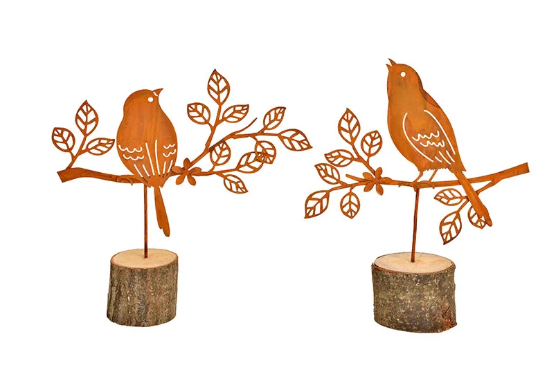 Aufsteller "Vogel auf Holzstamm" aus Metall - 2er-Set - (B/H) 19x24cm