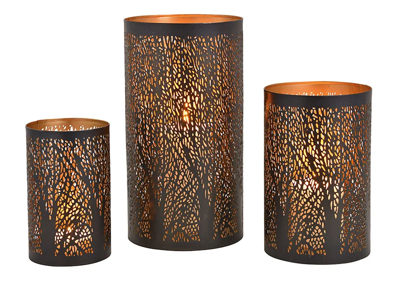 Windlicht 3er-Set aus Metall in Schwarz mit Baum Dekor - Ø 10/13/15cm