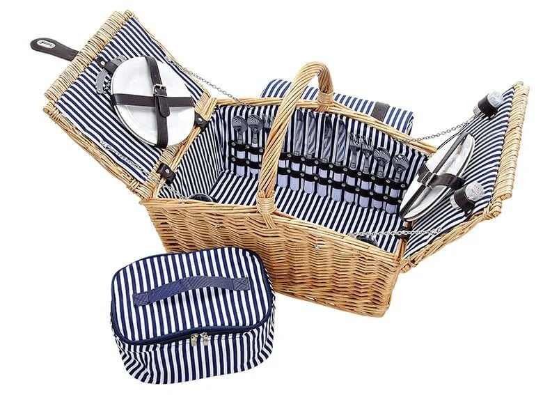 Picknickkorb für 4 Personen aus Weide  - 26-teilig - Braun / Blau / Weiß