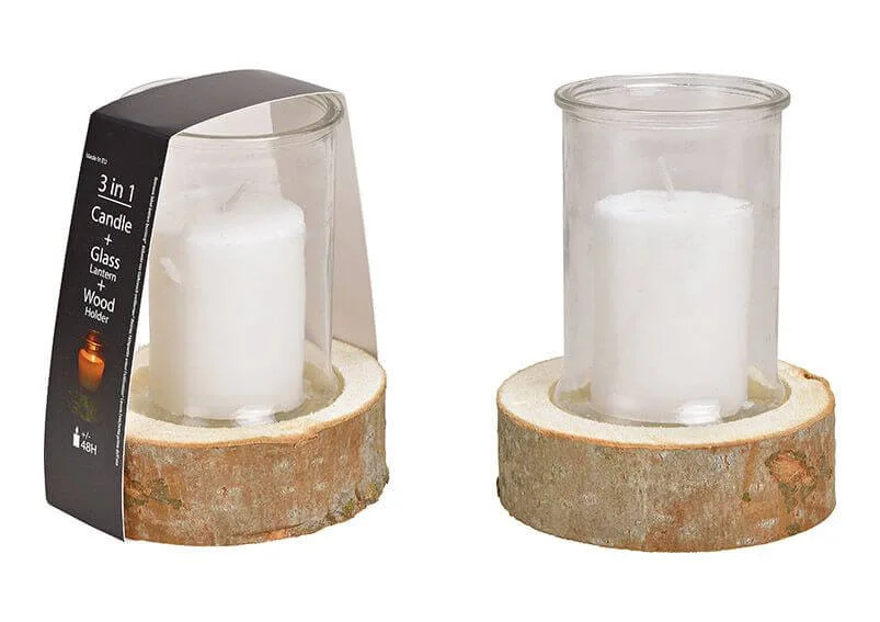 Windlicht aus Holz und Glas mit Kerze - Ø Holz 14cm Ø Kerze 6,5cm