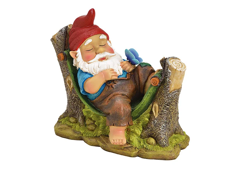 Gartenzwerg auf einer Hängematte aus Polyresin  (B/H/T) 22x18x10cm
