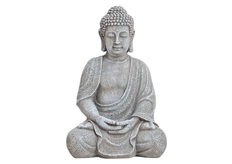 Buddha in hellgrau aus Magnesia im Format B20 x T17 x H30 cm